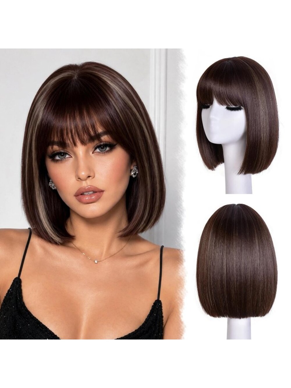 12inch Women's Brown Mixed Blonde Straight Bob Wigs Synthetic Natural With Bang